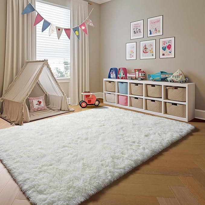 ONASAR Cream White Rugs for Living Room Bedroom, 5x8 Washable Fluffy Bedside Area Rug, Soft Plush Shaggy Indoor Floor Carpet for Nursery Kids Girls Boys Teen Dorm Home Office Decor Aesthetic