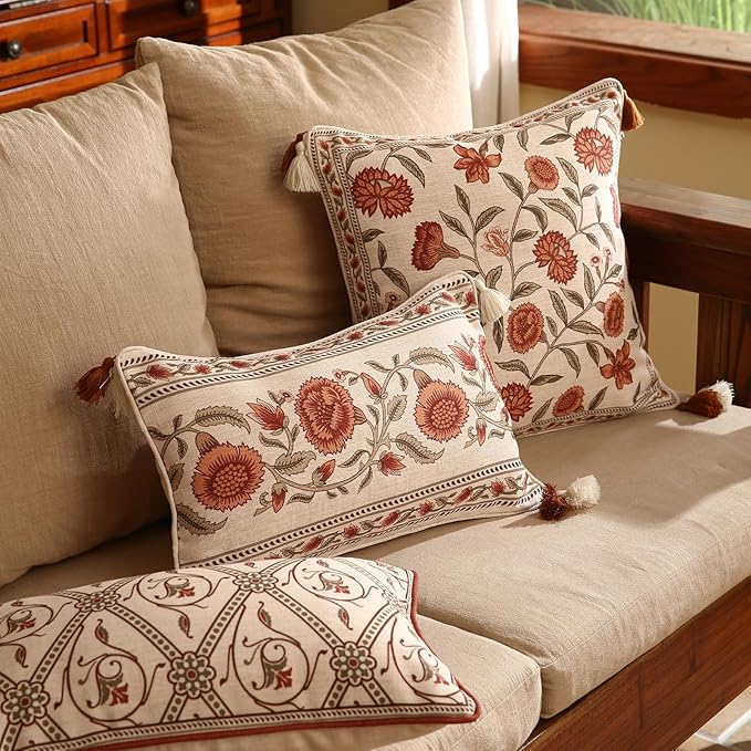 ISAENNE Design Linen Rectangle Vintage Throw Pillow Covers 12"x20", Brick Red Cushion Covers with Orange Floral Green Leaves Pattern Decor Pillowcases for Bed,Living Room,Outdoor,Car
