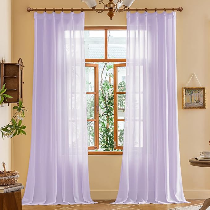Lavender 108 Inches Long Pinch Pleat Curtains for Bedroom Lightweight Light Filter Sheer Pleated Drapes with Adjustable Hooks for Track System, Pastel Lilac, 42" W x 108" L, 2 Panels