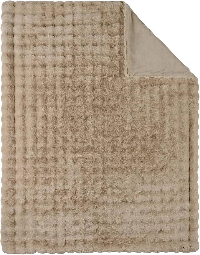 Lotus Karen Faux Fur Throw Blanket Khaki - Big Bubble Rabbit Fluff Blanket for Couch, Small Fluffy Fuzzy Cozy Blanket, Thick Furry Plush Shaggy Blankets, 50x60 Inches