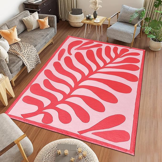 9CH Abstract Matisse Leaf Area Rug 7' X 5 Pink Retro Botanical Faux Wool Rugs Non-Slip Boho Flowers Soft Floor Carpet for Kitchen Entryway Bedroom