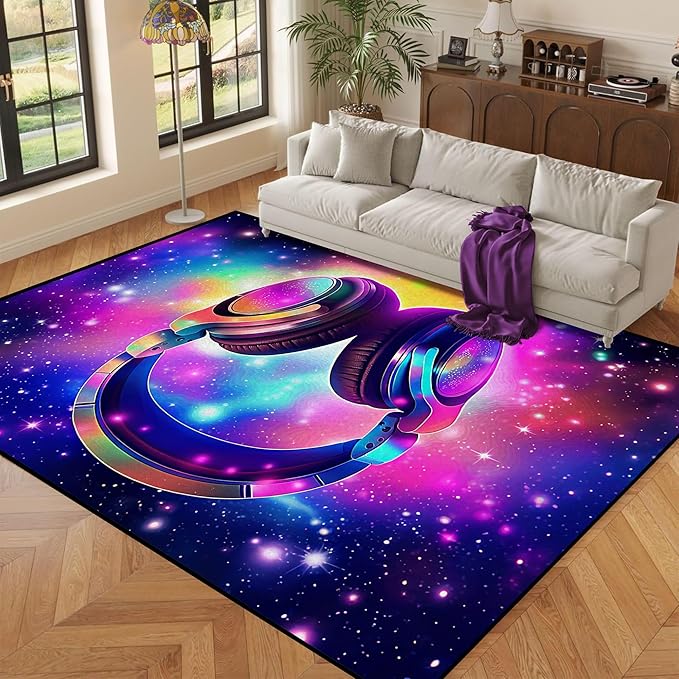 Galaxy Game Area Rug Music Headphone Rugs Colorful Throw Rug Non-Slip Carpet Doormats for Living Room Bedroom Apartment Dorm Floor Mat 47 in X 31 in