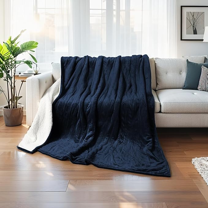 Heated Electric Blanket Throw Size 50"x60" Thickened Flannel and Sherpa Heated Blanket,3 Hours Timer Auto-Off & 5 Heating Levels,for Bedroom Office Couch-Navy Blue