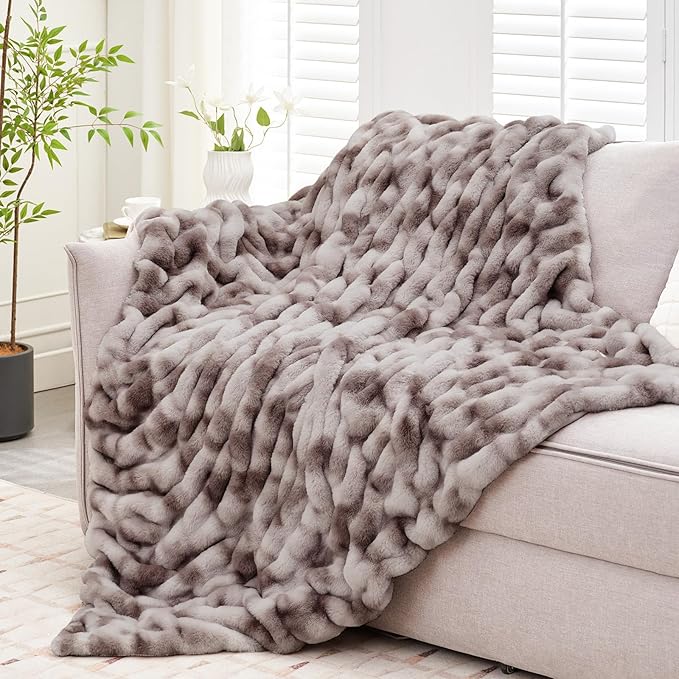 Ultra Soft Luxury Faux Fur Twin Blanket for Counch,Fuzzy Fluffy Plush Warm Cozy Elegant Wrinkled Blanket for Sofa Bedroom Living Room,(60"x80",Tie-dye Taupe)