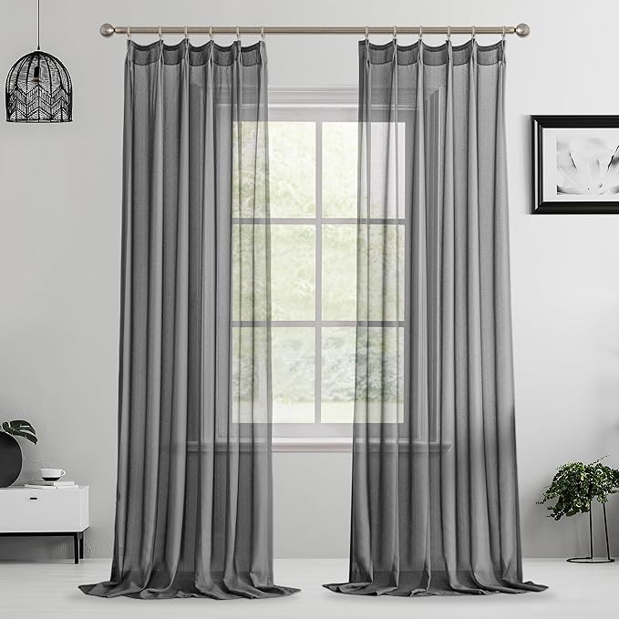 MAIHER Pinch Pleat Grey Curtains 126 Inch Length 10.5 FT Tall Curtains for Living Room Airy Breathable Light Filtering Sheer Pleated Drapes 126 Inches Long with Hooks, Grey, 42" W x 126" L, 2 Panels