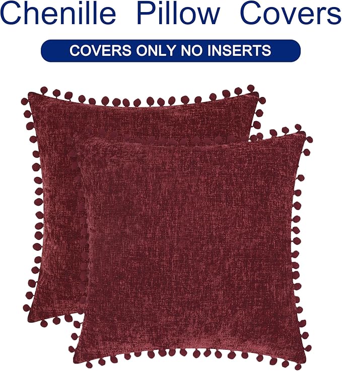 CaliTime Christmas Throw Pillow Covers Decorative 20 X 20 Inches Pack of 2 Cozy Solid Dyed Soft Chenille Cushion Cases with Pom Poms for Couch Sofa Bed Living Room Home Burgundy