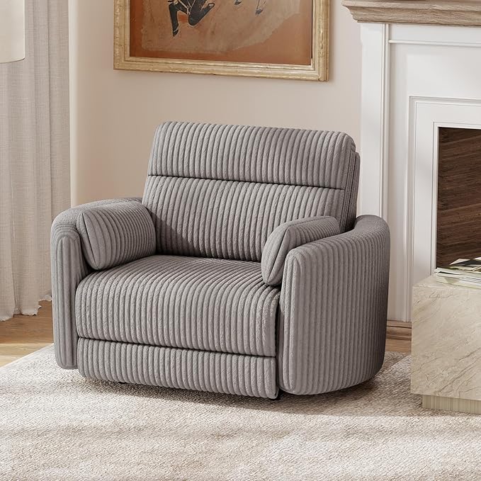 Bonzy Home Oversized Electric Recliner Chair for Adults with Extra-Wide Seat Cushion, Overstuffed Corduroy Power Recliner, Modern Round Single Sofa with 2 Pillows for Living Room, Bedroom, Grey