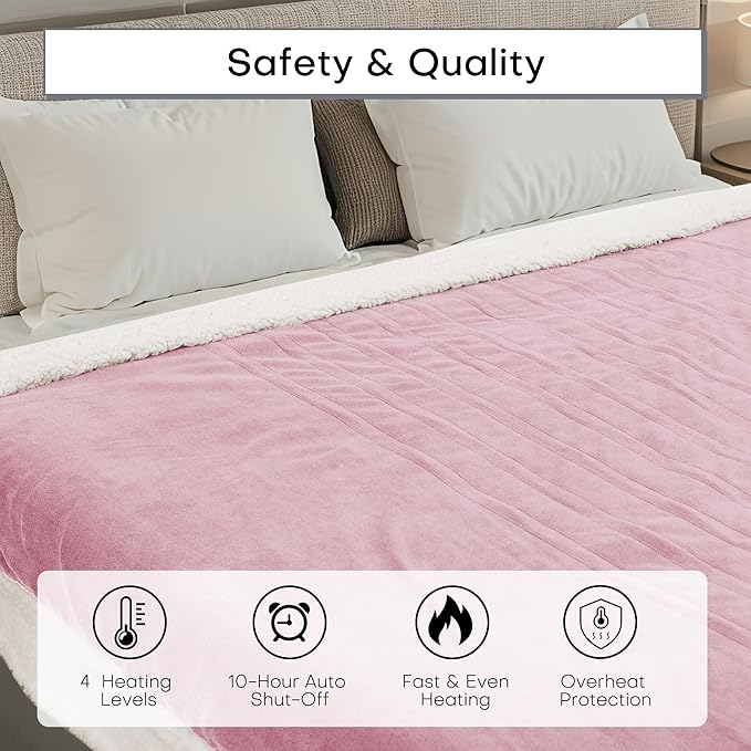 Electric Heated Blanket Twin Size 62"x84" - Dual-Sided with Microplush & Sherpa Fabric, 4 Heat Settings & 10 Hours Auto Off, Machine Washable - Light Pink