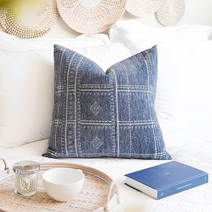 BlissBlush Dark Blue Decorative Throw Pillow Covers 22X22, Set of 2, Boho Farmhouse Cushion Cover, Cozy Soft Accent Pillowcase for Couch Sofa Bed Living Room Home Décor
