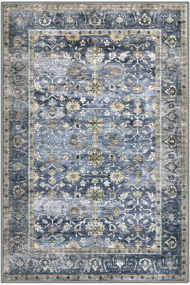 KUTA Vintage Floral 3x5 Entryway Rug, Area Rugs for Living Room Blue Grey Beige Washable Kitchen Carpet Non-Slip, Ultra Thin Soft Printed Distressed Oriental Entry Low-Pile Throw for Dining Room Dorm