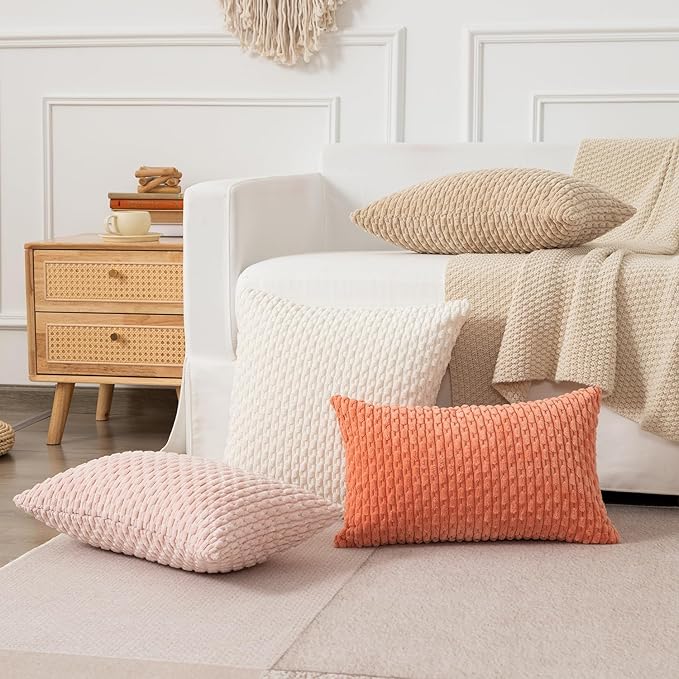 Kevin Textile 14x22 Inch Pillow Cover 1 Pack Boho Decorative Soft Striped Corduroy Lumbar Farmhouse Solid Color Accent Rectangle Cushion Case for Living Room Couch Sofa Bed, Beige