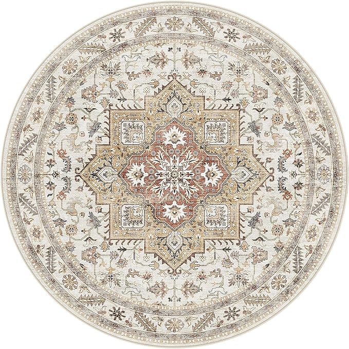 5ft Round Vintage Living Room Area Rug - 5x5 Large Soft Washable Oriental Traditional Distressed Farmhouse Rugs for Bedroom - Indoor Floor Accent Carpet for Home Office House Decor - Golden Taupe