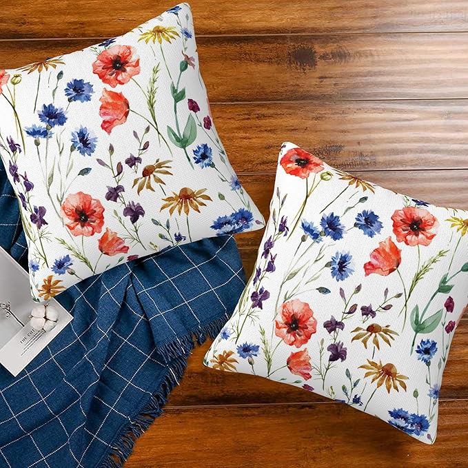 Wildflowers Throw Pillow Covers Set of 2 Watercolor Poppy Pillow Covers 16x16 Inch Modern Farmhouse Home Decorative Pillow Cases Cushion Cover for Sofa Living Room Office