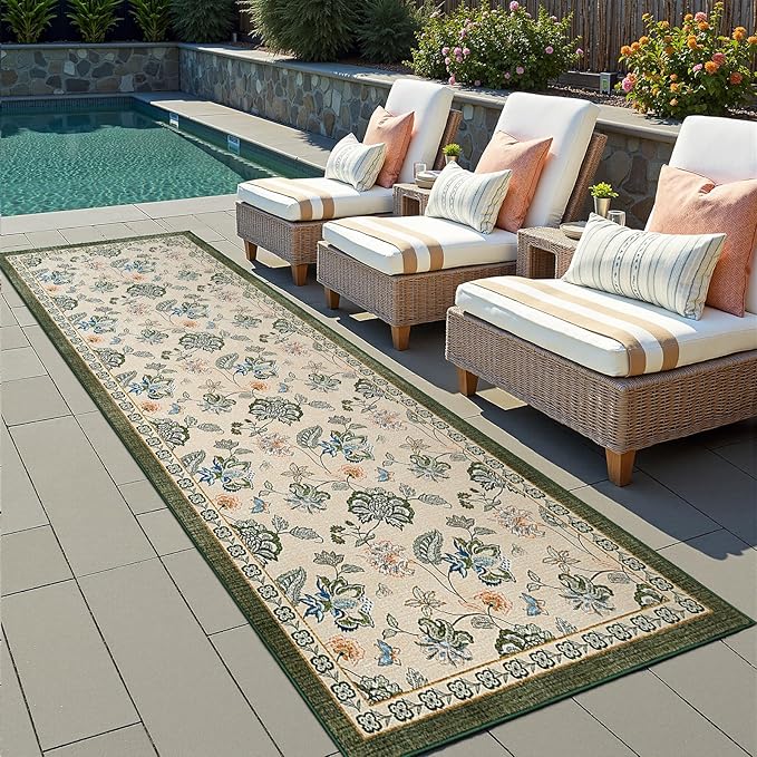 jinchan Elora 3x10 Floral Runner Rug for Hallway Washable Runner Vintage Romance Christmas Design Non Slip Thin Indoor Floor Cover Low-Profile Throw Carpet for Entryway Bathroom Porch, Green/Beige