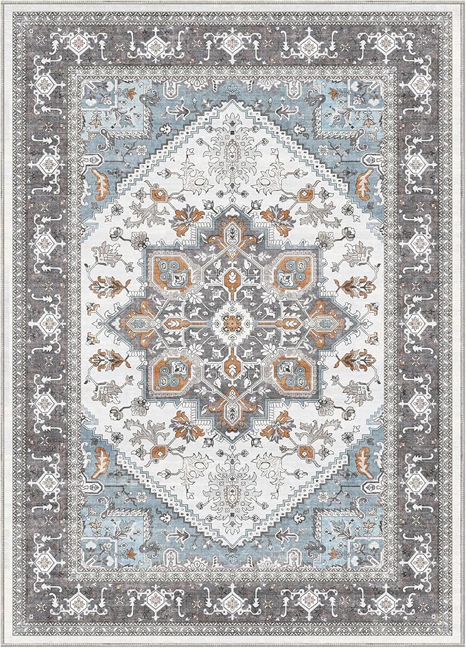 OPPODREAM Thin Area Rugs 3x5, Washable Rugs with Non Slip Backing, Low-Pile Throw 3x5 Carpet, Faux Cashmere 3 x 5 Carpet, Grey & Teal & Yellow