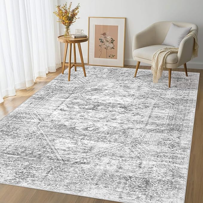 Vintage Living Room Area Rug 9x12 - Large Soft Washable Oriental Traditional Distressed Farmhouse Rugs for Bedroom - Indoor Floor Accent Carpet for Home Office House Decor - Distressed Grey