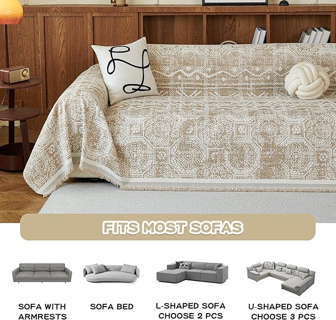 MEETSKY Boho Couch Cover Sofa Slipcover for Sectional Sofa Covers Protector Universal Use Chenille Blend Thick Fabric Washable, Modern Design Sofa Throw Cover for Living Room, 71" x 118", Khaki