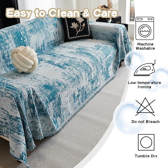 MEETSKY Blue Couch Cover Sectional Sofa Covers Washable Chenille Geometric Abstract Geometric Couch Covers for 2 Cushion Sofa Slipcover Multi-Use Durable Couch Throw Cover for Dogs Pets, 71" x 118"
