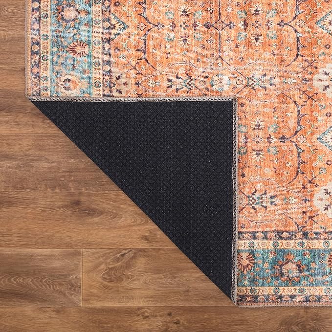 Bloom Rugs Washable Non-Slip 7 ft Runner - Orange/Teal Blue Traditional Bordered Runner for Entryway, Hallway, Bathroom, and Kitchen - Exact Size: 2.5' x 7'
