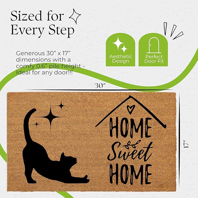 Coir Door Mats 17" X 30", Non-Slip Sturdy, PVC Backed Heavy Duty, Easy to Clean, Ideal for Door Entrance, Patio, Porch, Backyard, Garages, Home Sweet Home, with Cats