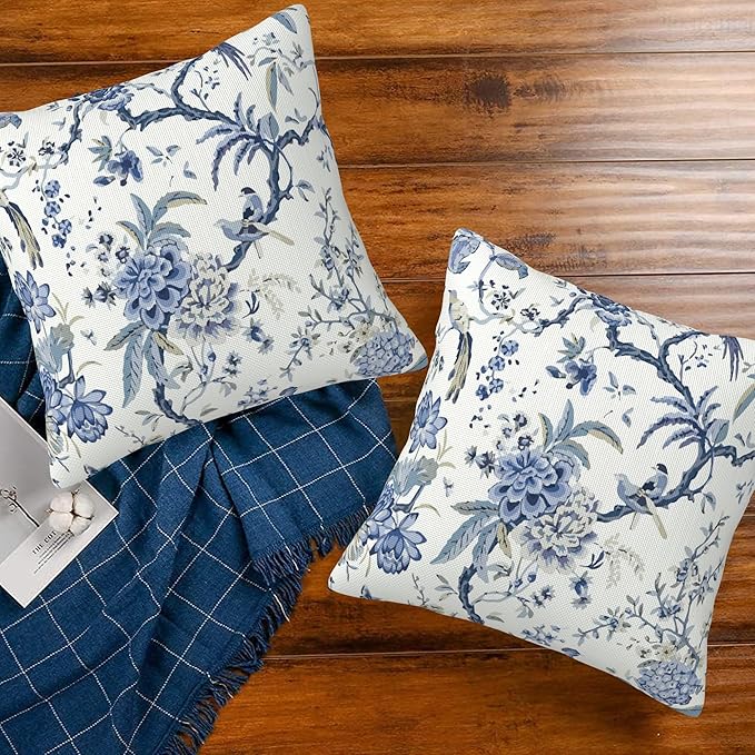 Chinoiserie Throw Pillow Cover Case Blue White Flowers Throw Pillows Set of 2 Super Soft Pillow Covers 18x18 Inches Farmhouse Home Decor for Living Room Bedroom Sofa Couch Cushion Cover