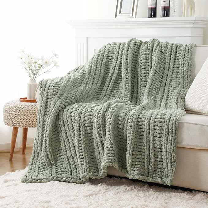 Battilo Chunky Knit Blanket Throw,Sage Throw Blanket for Couch, Thick Warm Soft Cozy Knitted Chenille Throw Blanket for Sofa, Bed, Living Room, 50"x60"