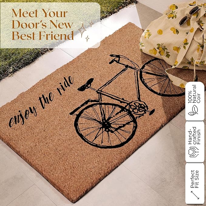 Coir Door Mats 17" X 30", Non-Slip Sturdy, PVC Backed Heavy Duty, Easy to Clean, Ideal for Door Entrance, Patio, Porch, Backyard, Garages, Enjoy The Ride Vintage Bicycle