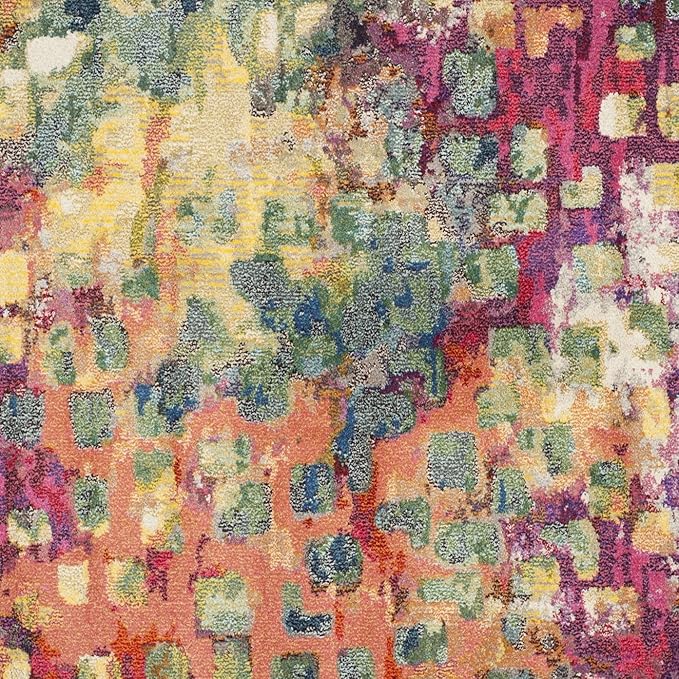 SAFAVIEH Monaco Collection Area Rug - 5' Round, Pink & Multi, Boho Chic Abstract Watercolor Design, Non-Shedding & Easy Care, Ideal for High Traffic Areas in Living Room, Bedroom (MNC225D)