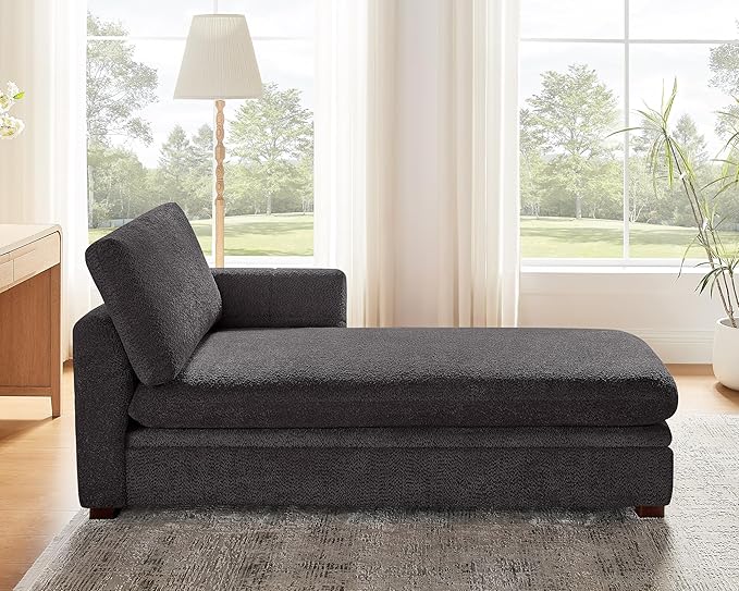 VANOMi Oversized 70.47'' Chaise Lounge Chair Indoor with Storage Space, Modern Upholstered Sofa Bed with Thick Cushion & Left Armrest, Boucle Leisure Recliner for Living Room, Bedroom, Dark Gray