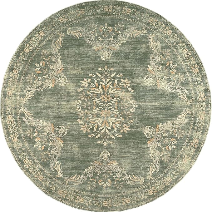 jinchan Round Rug 6ft Area Rugs Vintage Floral Distressed Design Machine Washable Soft Non-Slip Low-Pile Ultra-Thin Christmas Circle Rug for Living Room Dining Room Bedroom (6' Round, Dark Green)