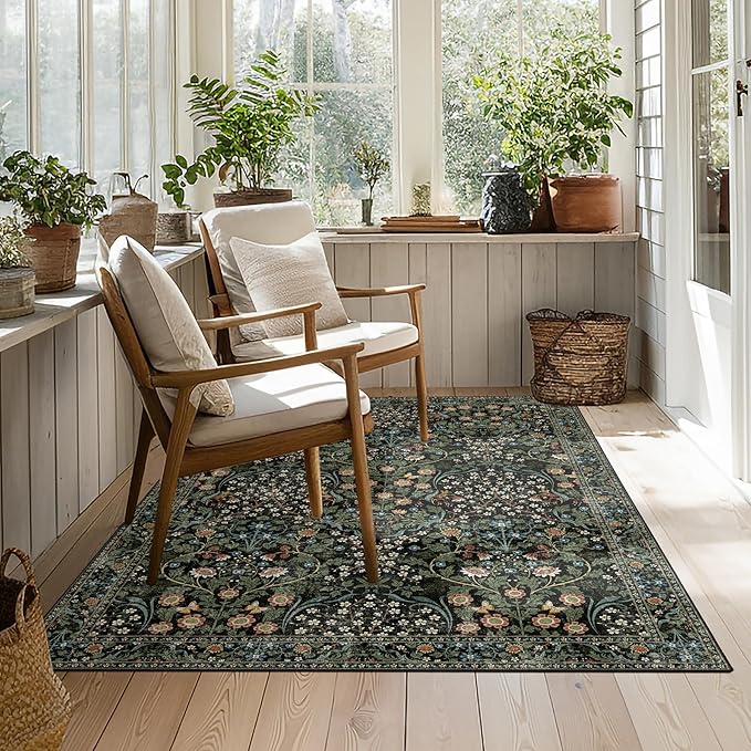 MUJOO 3x5 Rug Washable,Floral Area Rug for Bedroom Office Entryway Living Room Bedside,Small Throw Carpet Boho Non Slip Indoor Floor Botanical Vintage Ultra-Thin Black and Green