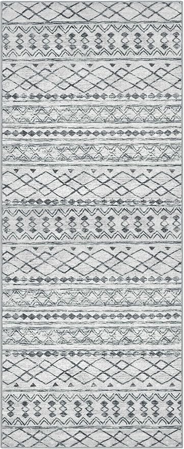 KUTA 2x6 Non-Slip Washable Runners for Hallways, Grey Moroccan Boho Distressed Geometric Vintage Kitchen Runner Rug, Ultra Soft Floor Mat for Entryway, Bathroom, Laundry, Living Room, Bedroom
