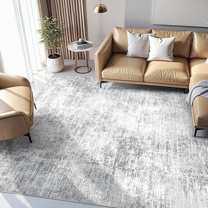 Abstract Living Room Rug 8x10 - Modern Washable Soft Thin Area Rug for Living Room Bedroom Under Dining Table - Neutral Indoor Floor Rug Carpets for Home Office Playroom Nursery - Grey White