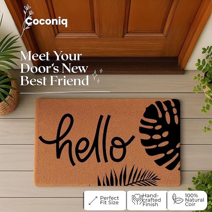 Coir Door Mats 17" X 30", Non-Slip Sturdy, PVC Backed Heavy Duty, Easy to Clean, Ideal for Door Entrance, Patio, Porch, Backyard, Garages, Hello - Black Leaves