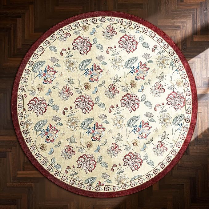 jinchan Elora 8ft Floral Round Rug for Washable Living Room Rug Vintage Romance Christmas Design Non Slip Indoor Floor Cover Lightweight Low-Profile Throw Carpet for Bedroom Porch, Red/Beige