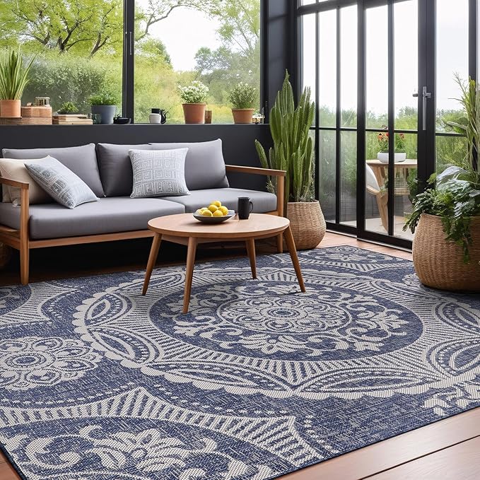 Medallion Outdoor Rug 8x10 Washable Outside Carpet for Indoor Patio Porch Waterproof Easy Cleaning Non Shedding Area Rugs Blue 8 x 10