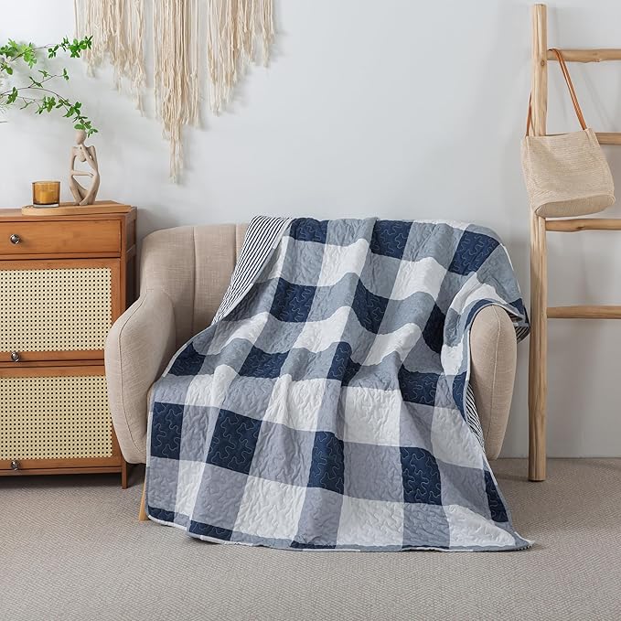 Soul & Lane Checks and Stripes 50" x 60" Blue Buffalo Check Throw: Lap Quilted Blanket, Blue and White Lightweight Couch Quilt, Checkered Coverlet, Plaid Winter Outdoor Quilted Throw Blanket
