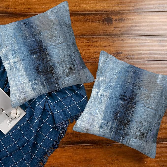 Throw Pillow Cover Case Blue and Grey Abstract Art Pillow Covers 16x16 Inch Set of 2,Soft Decorative Throw Pillow Case for Living Room Bedroom Sofa Couch Cushion Covers