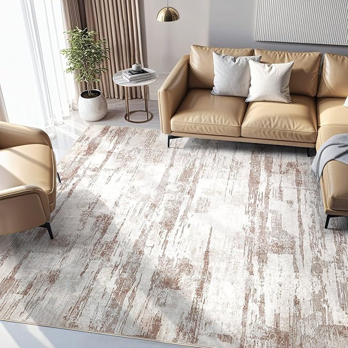 Abstract Living Room Rug 9x12 - Modern Washable Soft Thin Area Rug for Living Room Bedroom Under Dining Table - Neutral Indoor Floor Rug Carpets for Home Office Playroom Nursery - Light Brown