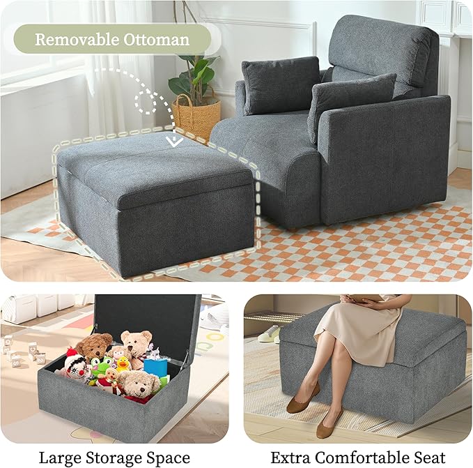 Modern Oversized Accent Chair with Storage Ottoman & 2 Side Pillows, Snowflake Fleece Upholstered Chaise Lounge Chair, Deep Seat Reading Chair for Living Room, 350lbs Capacity