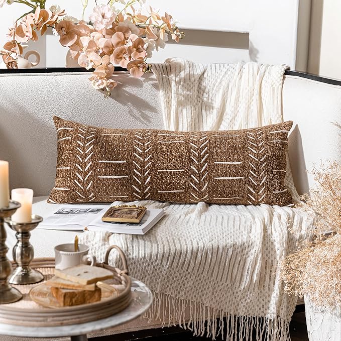 BlissBlush Fall Brown Boho Lumbar Throw Pillow Cover 14X36, Decorative Long Accent Body Lumbar Pillow for Bed, Farmhouse Woven Textured Lumbar Pillowcase for Couch (Cover ONLY)