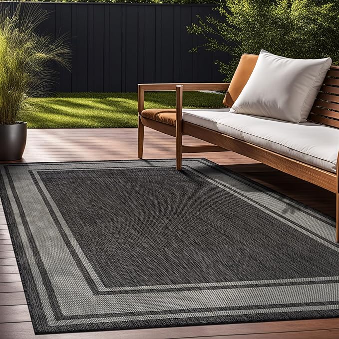 Beverly Rug Large Outdoor Rug 10x14 Modern Bordered Area Rugs for Indoor and Outdoor Patio Deck Porch Garden Waterproof Weather Sun Resistant Washable Outside Carpet (10 x 14 Dark Gray)