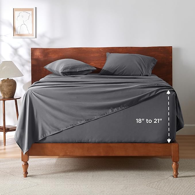 Bedsure Deep Pocket Full Size Bed Sheets Set - Fits Mattresses Up to 21 Inches Thick - 4 Piece Bed Sheets, Moisture Wicking, Soft & Cooling Bedsheet & Pillowcases, Easy & Secure Fit, Dark Grey