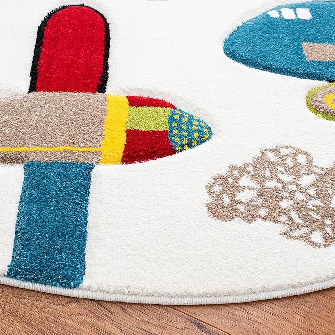 SAFAVIEH Carousel Kids Collection Area Rug - 5'3" Round, Ivory & Blue, Non-Shedding & Easy Care, Ideal for High Traffic Areas for Boys & Girls in Playroom, Nursery, Bedroom (CRK167A)