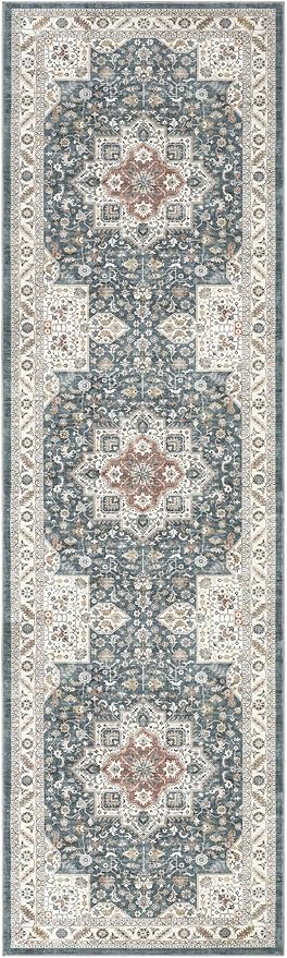 Vintage Hallway Runner Rug 3x10: Large Soft Washable Entryway for Kitchen Laundry Room Non-Slip Backing Runner for Entrance Living Room Bedroom Bathroom - Vintage Blue