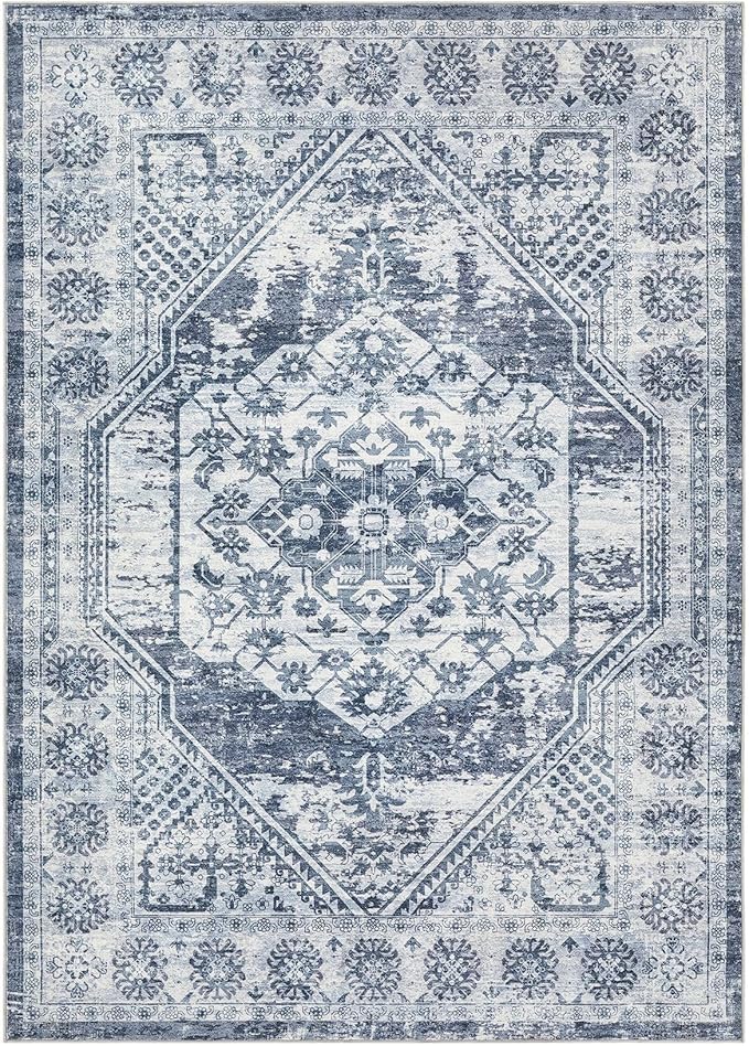 Vintage Living Room Area Rug 8x10 - Large Soft Washable Oriental Traditional Distressed Farmhouse Rugs for Bedroom - Indoor Floor Accent Carpet for Home Office House Decor - Distressed Blue