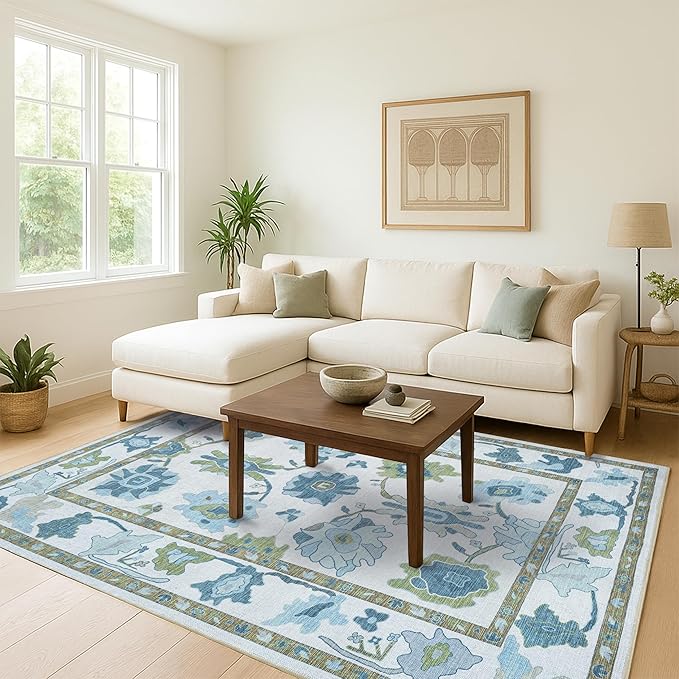 Fame Living Green Oushak Runner Rug, Modern Runners, Vintage, Turkish, Eclectic, Floral, Pastel, Washable, Runner for Hallway, Kitchen, Bedroom, Bathroom, 2'5"x9'8"