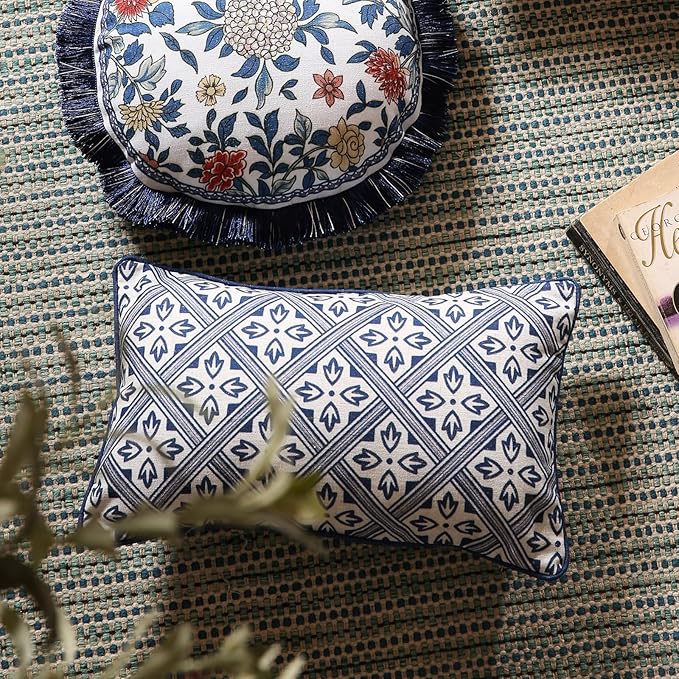 patdrea Designer Throw Pillow Covers,Chinoiserie Blue Elegant Linen with Striped Floral Pattern Pillow Cover,Decorative Lumbar Pillowcases Cushion for Bed Living Room Outdoor Car,12"x20"