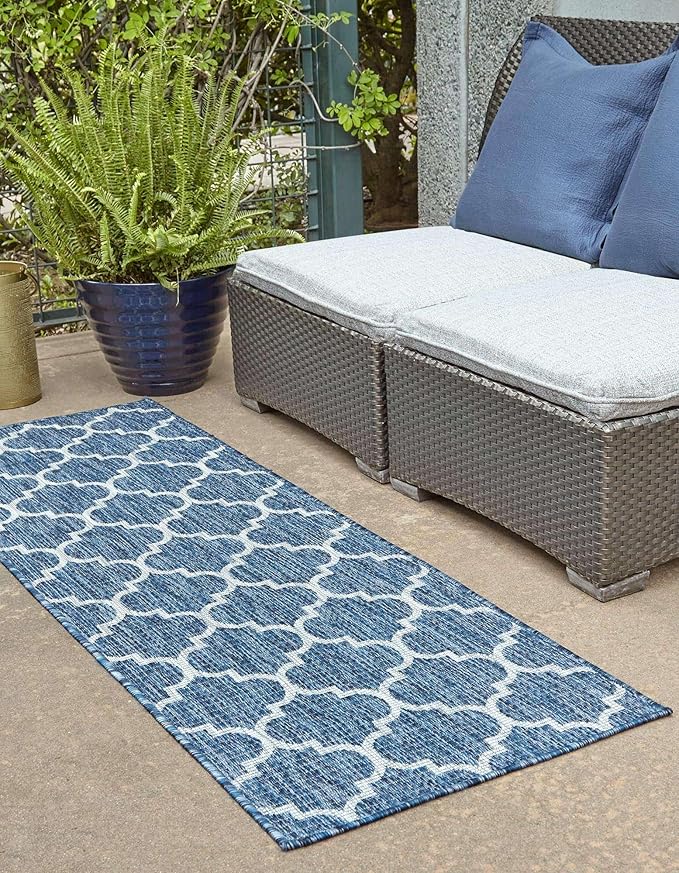 Unique Loom Trellis Collection Area Rug-Lattice Design, Moroccan Inspired for Indoor/Outdoor Décor, 2' 0" x 8' 0" Runner, Navy Blue/Gray