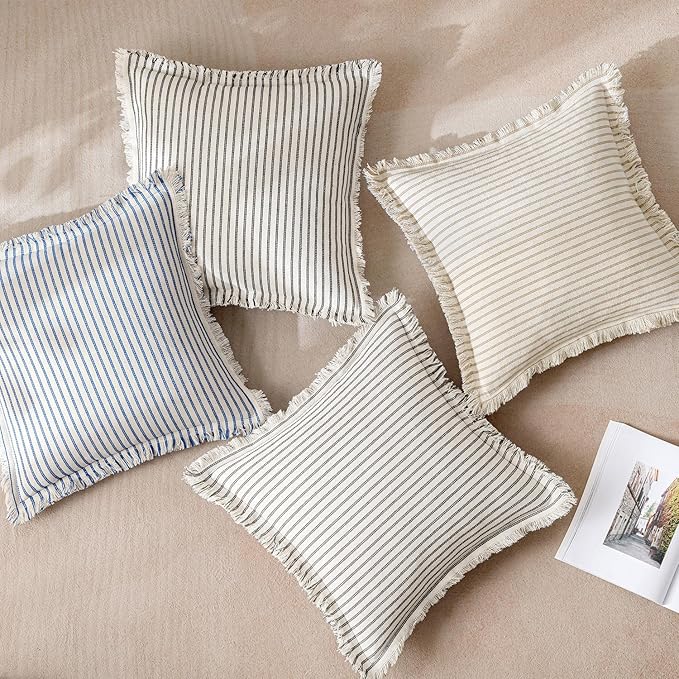 MIULEE Pack of 2 Royal Blue Pillow Covers 22x22 Inch Striped Farmhouse Couch Throw Pillow Covers with Fringe Chic Linen Decorative Cushion Covers for Sofa Living Room Bed Outdoor Home Decor
